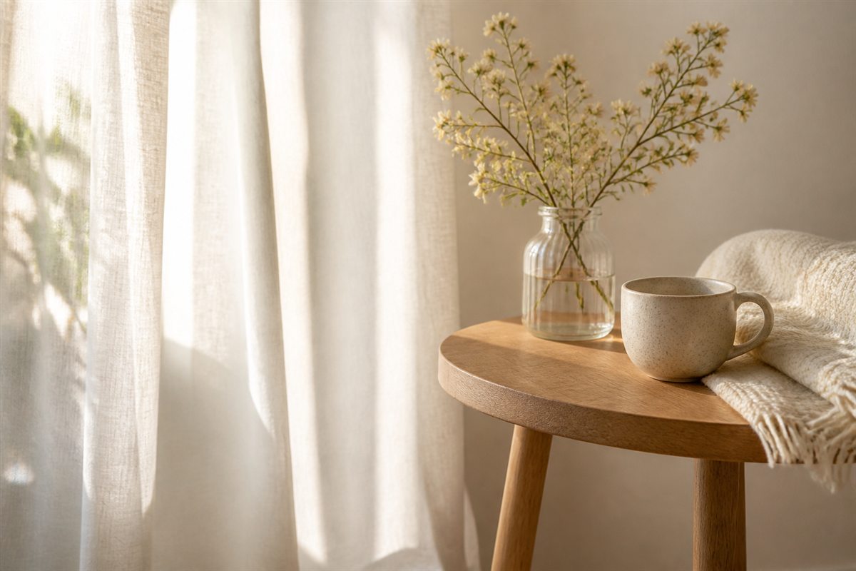Interior luminoso y sereno con flores, una taza y una manta clara